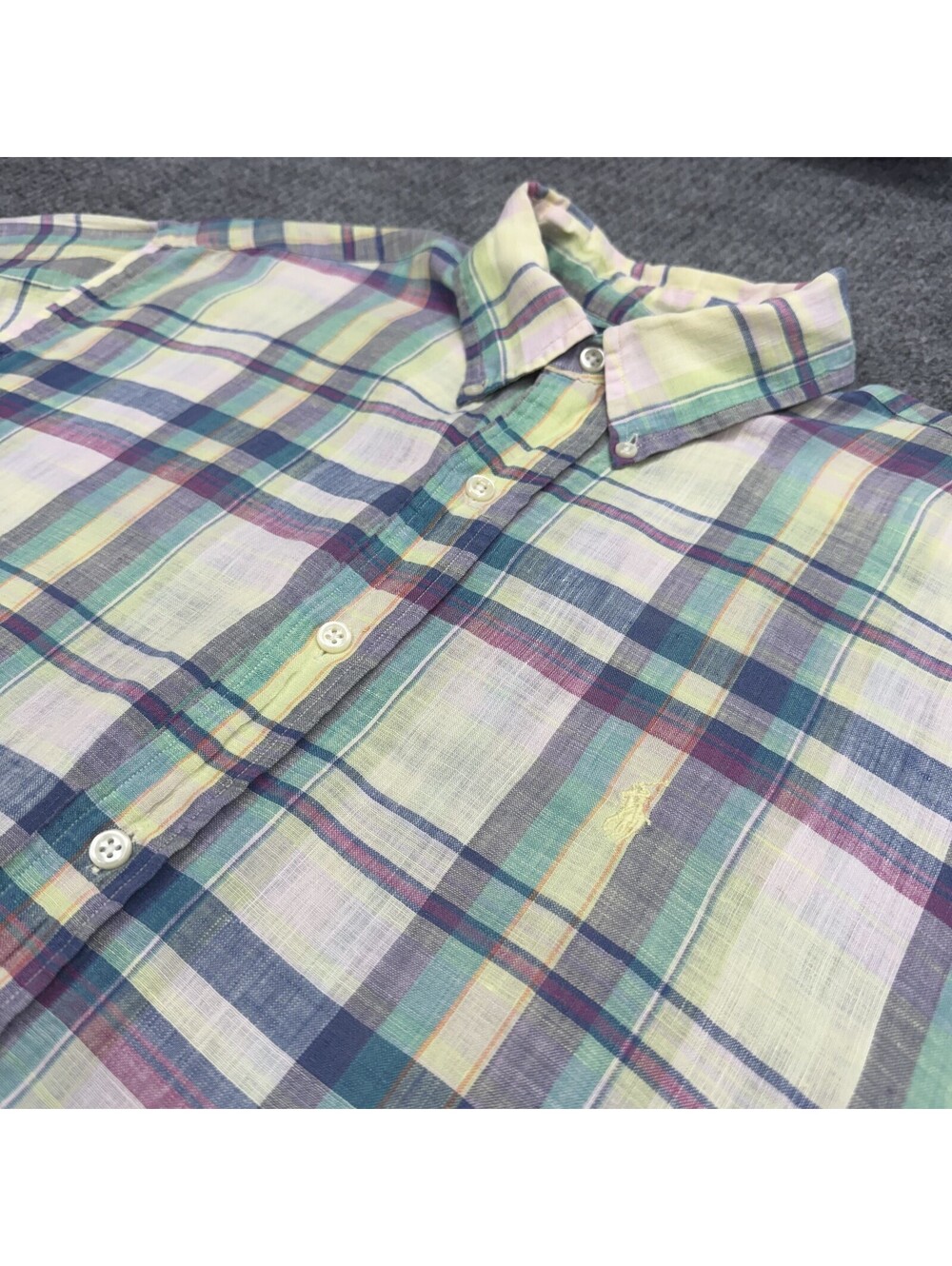 VTG Ralph Lauren Shirt Mens M Plaid‎ Blake 100% Linen Button Down Short Sleeve